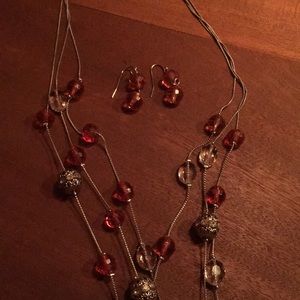 Charming Charlie triple chain necklace in silver tone with red and silver beads